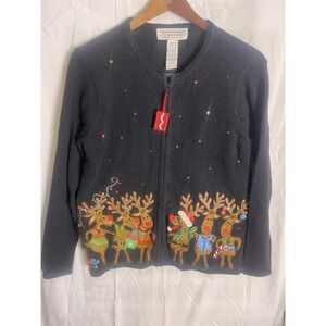 VTG tiara international women's black reindeer Christmas sweater Sz S Flaws